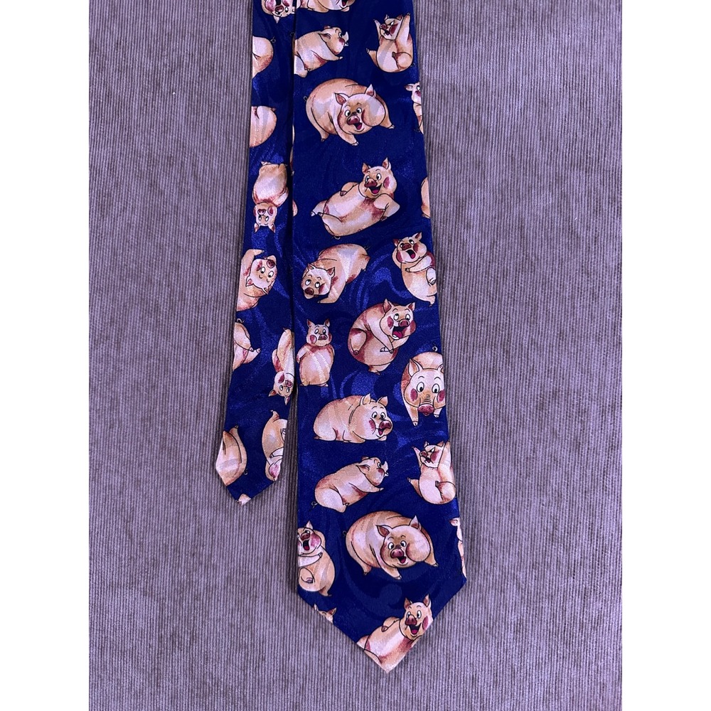 Gino Resillio Mens Navy Blue Pure‎ Silk Novelty Pig Cartoon Animal Print Necktie
